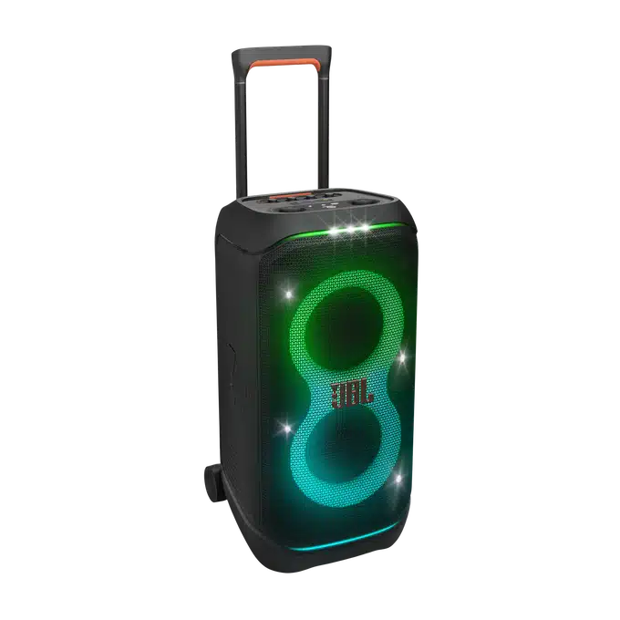 Ein tragbarer Lautsprecher mit Digitalanzeige zeigt eine leuchtende Acht in Grün- und Blautönen. Oben ist ein Smartphone angedockt. Der Lautsprecher ist schwarz und verfügt über einen kleinen Griff und Rollen für den einfachen Transport.